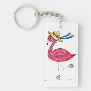 Cute en Whimsical Pink Flamingo on Schaatsen Sleutelhanger