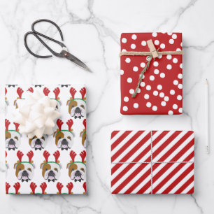 Cute English Bulldog & Red Striped Kerstmis Inpakpapier Vel