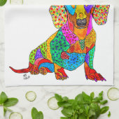 Cute et colorée serviette de cuisine Dachshund (Plié)