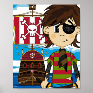 Cute Eyepatch Pirate and Ship Poster Print