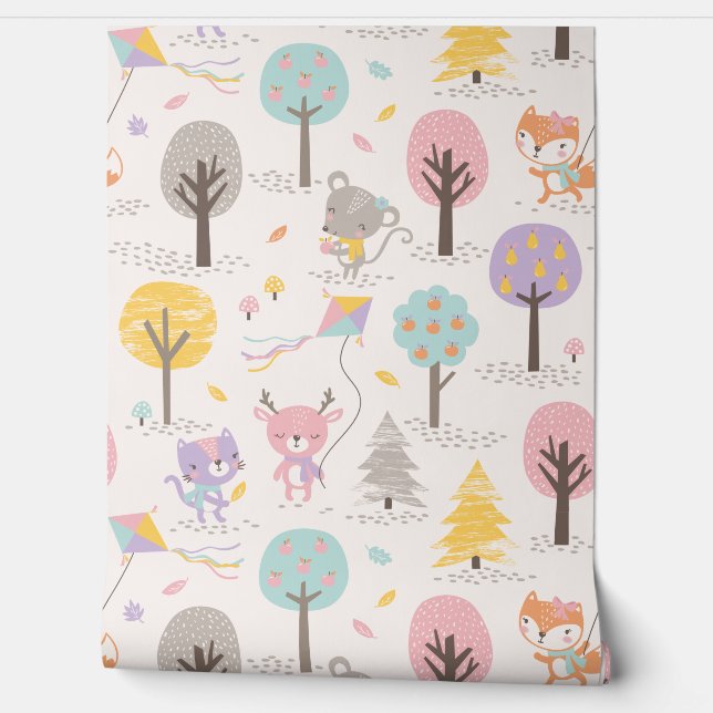 Cute Fall Forest animals with kites and trees Behang (Afrollen)