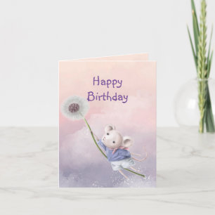 Cute Fantasy Birthday Mouse Dandelion Flying Kaart