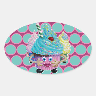 Cute Fantasy Creatur Cupcakes Illustrated Ovale Sticker