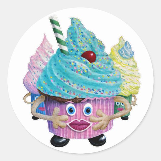 Cute Fantasy Creatur Cupcakes Illustrated Ronde Sticker (Voorkant)