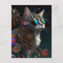 Cute fantasy steampunk cat en bloemen AI art