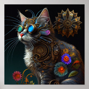 Cute fantasy steampunk cat en bloemen AI art Poster