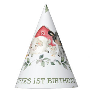 Cute Farm Animals Greenery 1st Birthday Boy Girl Feesthoedjes