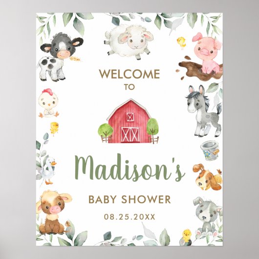 Cute Farm Animals Greenery Baby shower Welcome Poster (Voorkant)