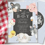 Cute Farm Animaux Douche Invitation<br><div class="desc">Oh Baby Farm Animals Shower Adorable animaux de basse-cour design avec la plus douce vache, cheval, cochon, grille-pain, canard, poussin et mouton sur un arrière - plan bleu en vichy. Retournez notre carte pour voir une surprise spéciale avec nos mignons amis de la ferme. Visitez notre boutique pour voir toute...</div>