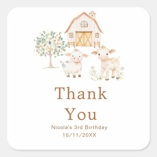 Cute Farm Barn Cows Birthday Vierkante Sticker (Voorkant)