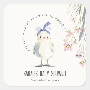 Cute Farm Chick Watercolor Bloemen Baby Shower Vierkante Sticker