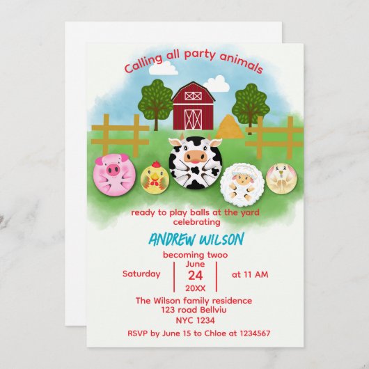 Cute Farm Party Animals Balls Birthday Invitation (Devant / Derrière)