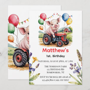 Cute Farm Pig Op Een Tractor 1e Verjaardagsfeestje Kaart