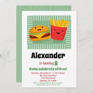 Cute Fast Food Hamburger Fries Birthday Invitation Kaart