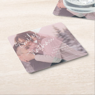 Cute Faux Vellum Heart Pastel Pink Foto Weddenscha Vierkante Kartonnen Onderzetter