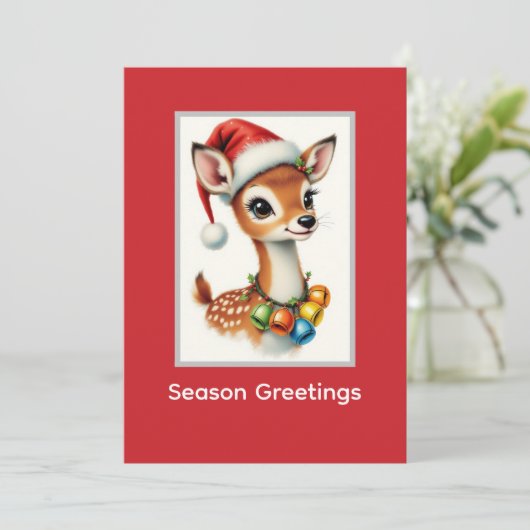Cute Fawn Reindeer Santa Hat  Feestdagenkaart (Staand voorkant)