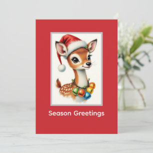 Cute Fawn Rendier Kerstman Hoed Feestdagenkaart