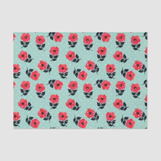 Cute Feminine Red Aqua Floral Pattern Tissuepapier (Voorkant)