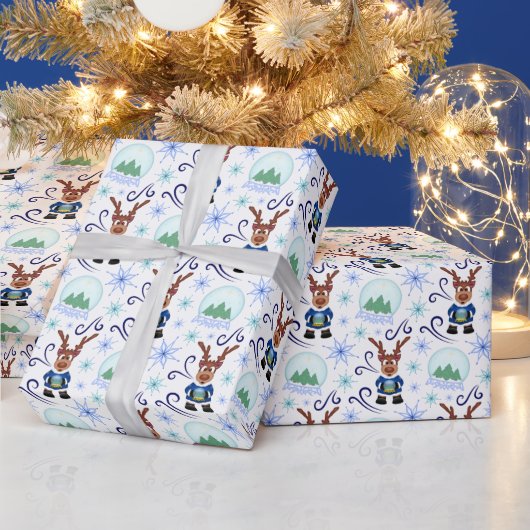 Cute Festive Blue Christmas Reindeer Cadeaupapier (Feestdagen)