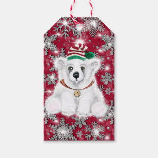 Cute festive holiday Polar bear glitter snowflakes Cadeaulabel