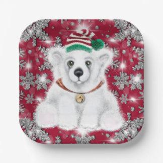 Cute festive holiday Polar bear glitter snowflakes Papieren Bordje