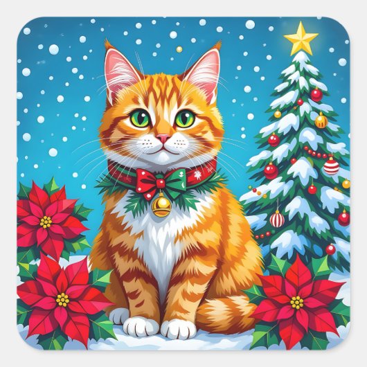 Cute Festive Orange Cat Christmas Vierkante Sticker (Voorkant)