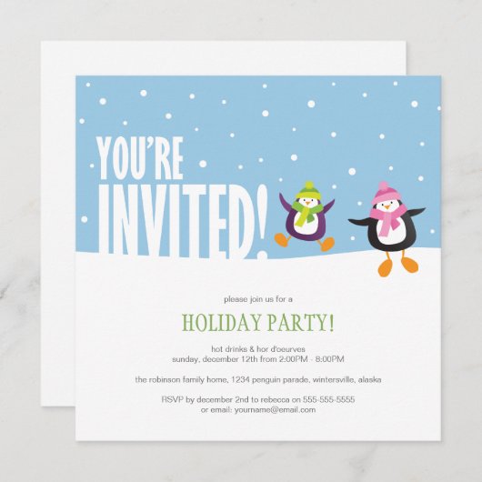 Cute Festive Penguin | Uitnodiging feestdag (Voorkant / Achterkant)