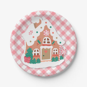 Cute Festive Snowy Pink Gingerbrood House Gingham Papieren Bordje