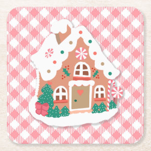 Cute Festive Snowy Pink Gingerbrood House Gingham Vierkante Kartonnen Onderzetter