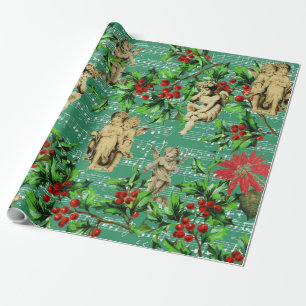 Cute Festive Vintage Angel Cherubs Holly Kerstmis Cadeaupapier