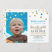 CUTE fête d'anniversaire INVITATION bleu faux or s (Devant / Derrière)