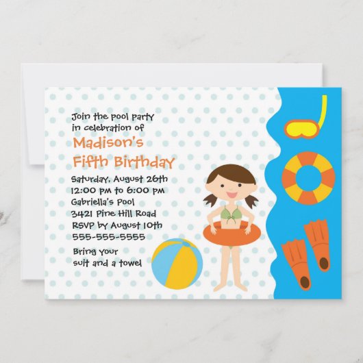 CUTE Fête de piscine pour filles Invitation d'anni (Devant)