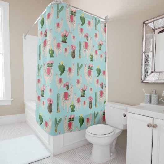 Cute Fiesta Llama & Cactus Pattern Douchegordijn (In situ)