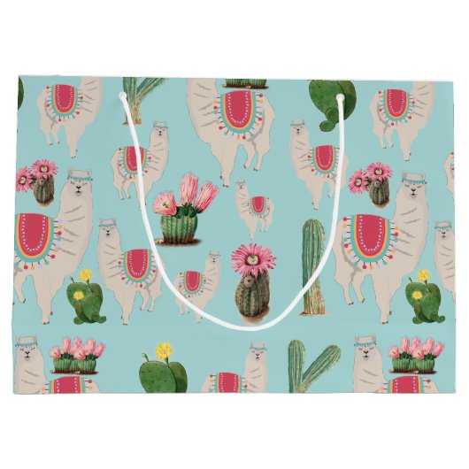 Cute Fiesta Llama & Cactus Pattern Groot Cadeauzakje (Achterkant)