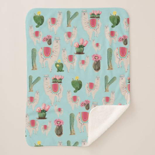 Cute Fiesta Llama & Cactus Pattern Sherpa Deken (Voorkant)