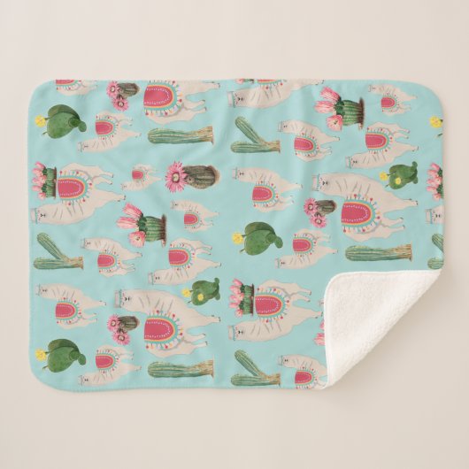 Cute Fiesta Llama & Cactus Pattern Sherpa Deken (Voorkant (horizontaal))