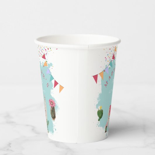 Cute Fiesta Llama en Cactus Birthday Papieren Bekers (Rechts)