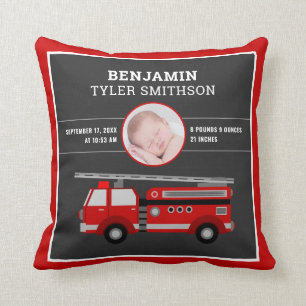 Cute Fire Truck Firefighter Baby Foto Birth Stats Kussen