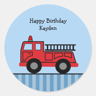 Cute Fire Truck Personalized Birthday Boy Ronde Sticker