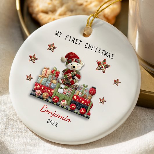 Cute first baby Christmas patchwork bear train Keramisch Ornament