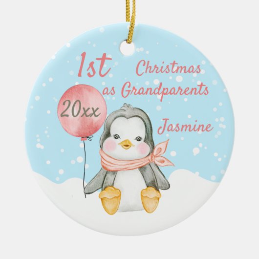 Cute First Kerstmis Penguin Grandouders Pink Keramisch Ornament (Voorkant)