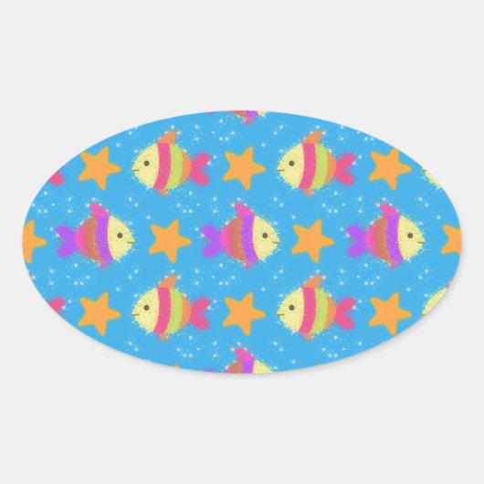 Cute Fish & Starfish Pattern Ovale Sticker (Voorkant)