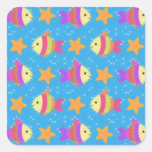 Cute Fish & Starfish Pattern Vierkante Sticker (Voorkant)