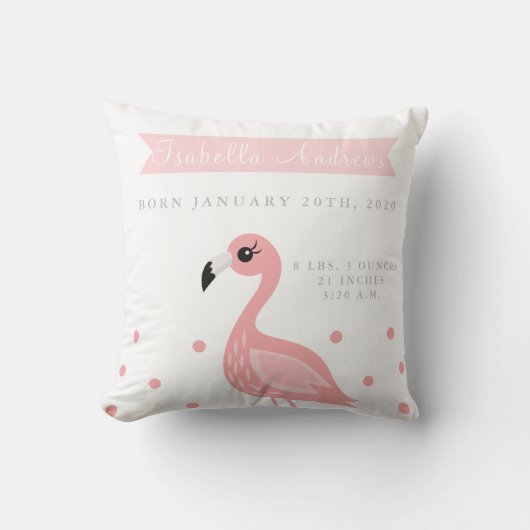 Cute Flamingo Birth Announcement Nursery Pillow Kussen (Voorkant)