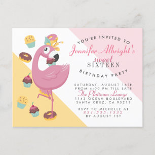 Cute Flamingo, Cupcakes & Doughnuts Sweet 16 Party Uitnodiging Briefkaart
