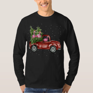 Cute Flamingo Ride Wagon Red Truck Xmas Tree Funny T-shirt