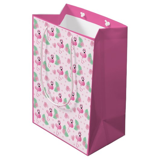 Cute Flamingo Tropical Leaf Flowers Pattern roze Medium Cadeauzakje (Achterkant Gekanteld)