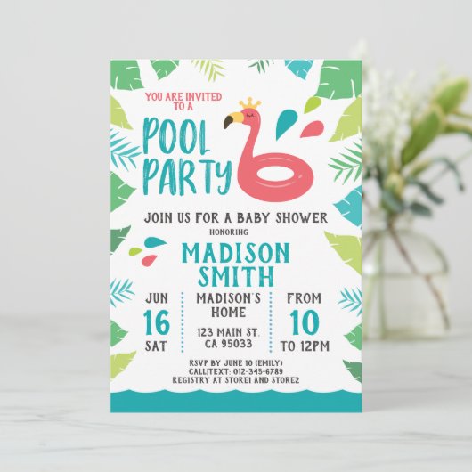 Cute Flamingo Tropical Pool Party Baby shower Kaart (Staand voorkant)