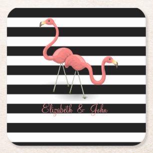 Cute Flamingos, Black White Stripes, op maat gemaa Vierkante Kartonnen Onderzetter