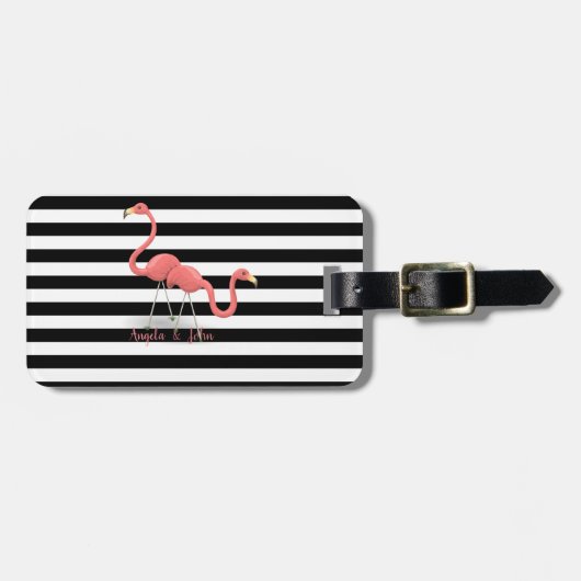 Cute Flamingos, Black, White Stripes Personalized Bagagelabel (Voorkant horizontaal)